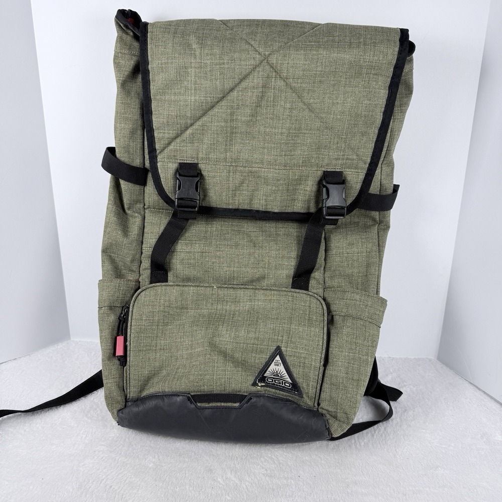 OGIO Roll Top Backpack Olive Green Black Laptop Travel Bag Red Interior